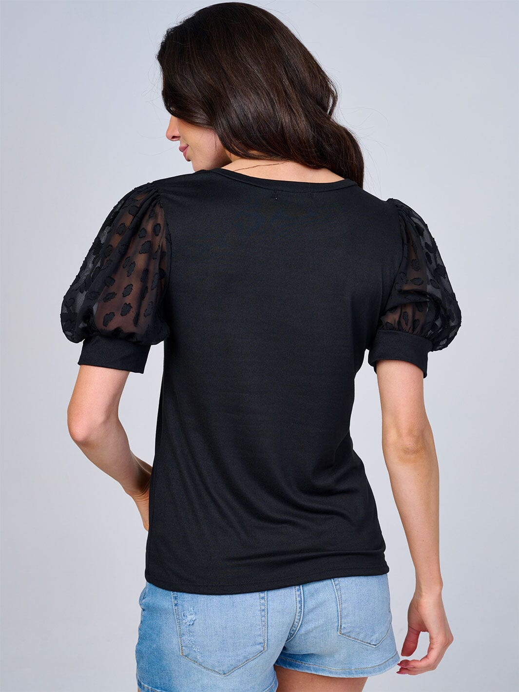WOMEN'S SHORT MESH SLEEVES SOLID BLOUSE
