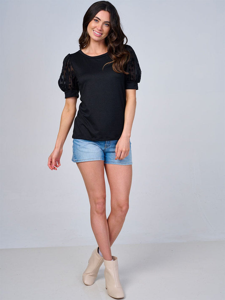 WOMEN'S SHORT MESH SLEEVES SOLID BLOUSE