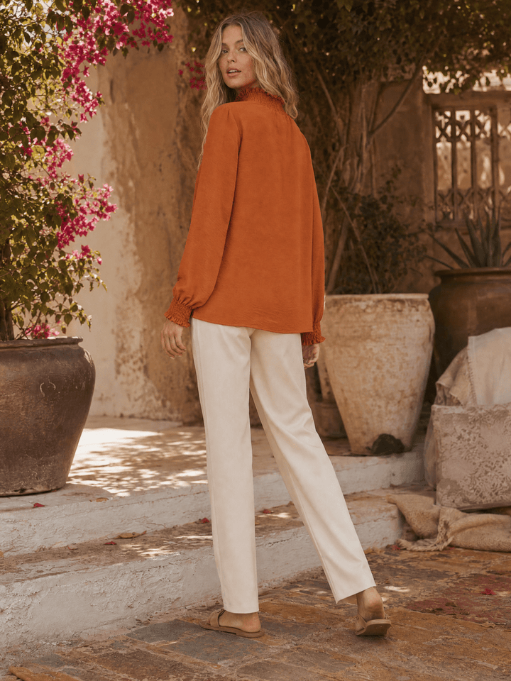 WOMEN'S LONG SLEEVE ELASTIC MOCK NECK BLOUSE