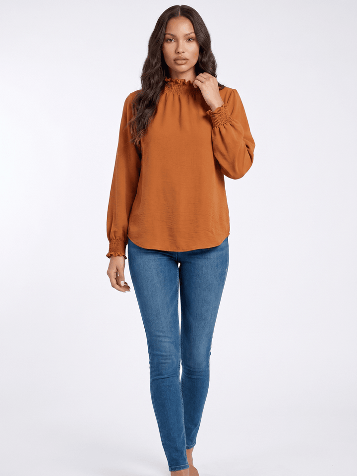 WOMEN'S LONG SLEEVE ELASTIC MOCK NECK BLOUSE