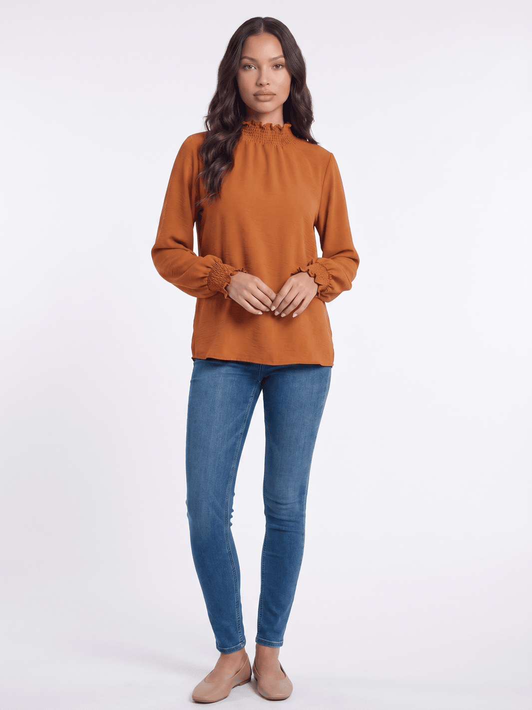WOMEN'S LONG SLEEVE ELASTIC MOCK NECK BLOUSE