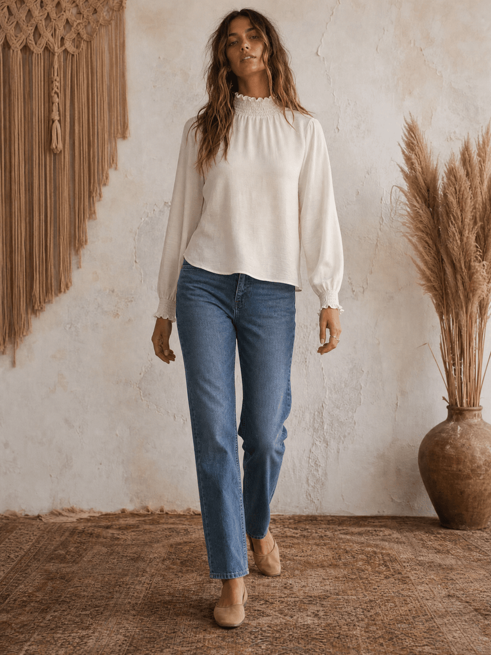 WOMEN'S LONG SLEEVE ELASTIC MOCK NECK BLOUSE