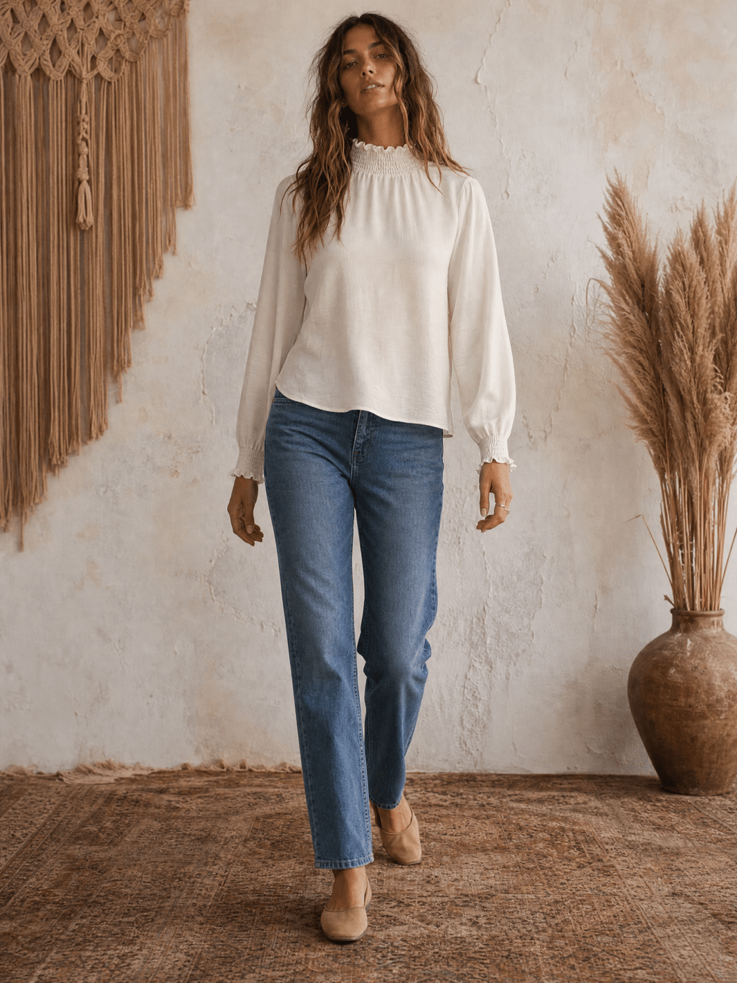 WOMEN'S LONG SLEEVE ELASTIC MOCK NECK BLOUSE