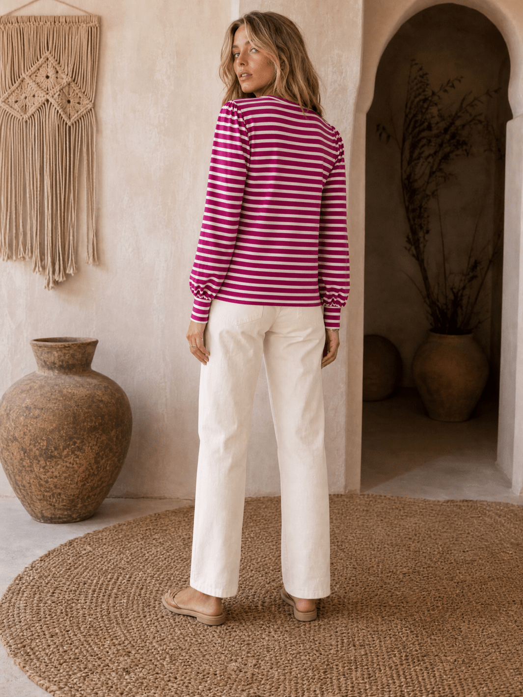WOMEN'S LONG PUFF SLEEVE COLORBLOCK STRIPES BLOUSE