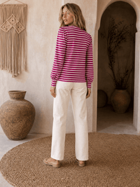 WOMEN'S LONG PUFF SLEEVE COLORBLOCK STRIPES BLOUSE