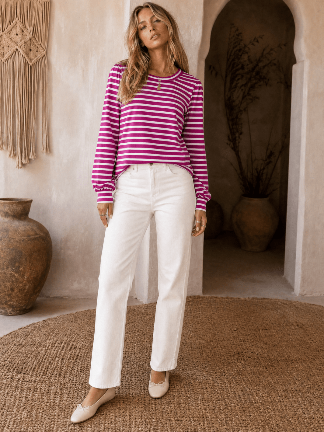 WOMEN'S LONG PUFF SLEEVE COLORBLOCK STRIPES BLOUSE