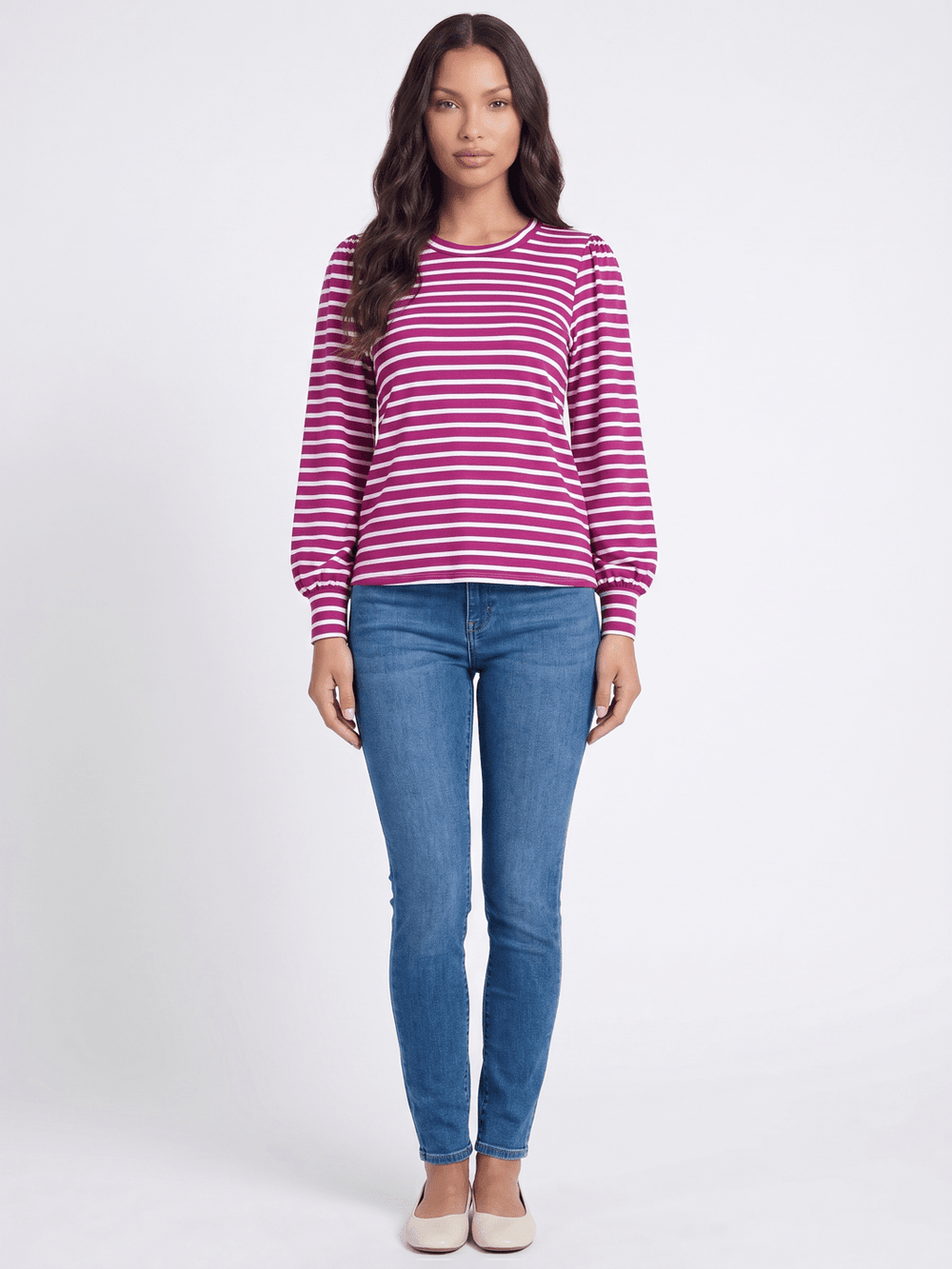 WOMEN'S LONG PUFF SLEEVE COLORBLOCK STRIPES BLOUSE
