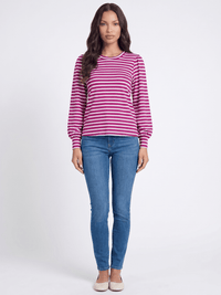 WOMEN'S LONG PUFF SLEEVE COLORBLOCK STRIPES BLOUSE