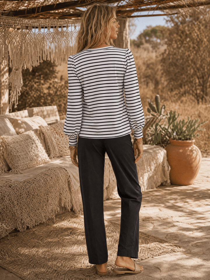 WOMEN'S LONG PUFF SLEEVE COLORBLOCK STRIPES BLOUSE