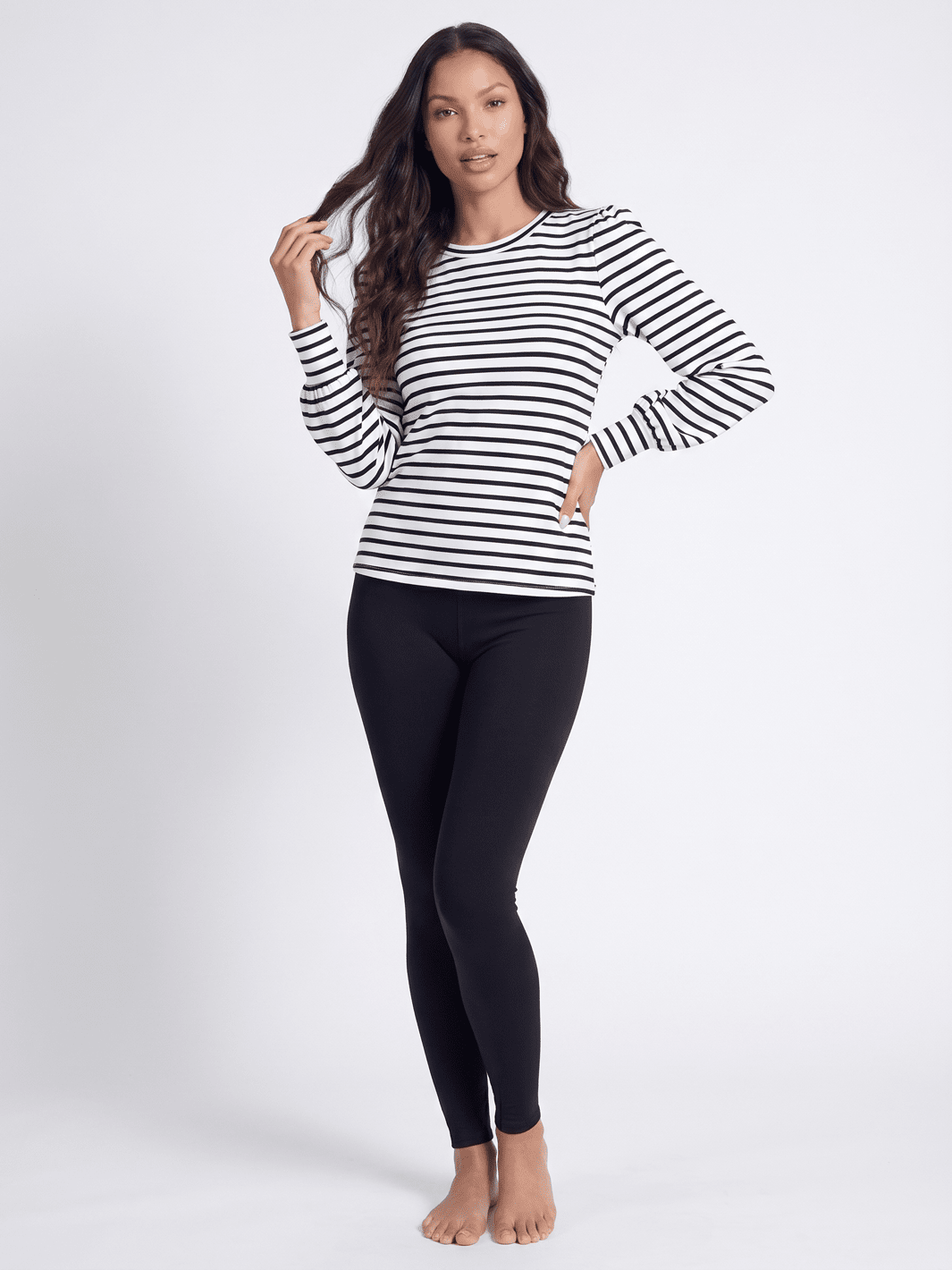 WOMEN'S LONG PUFF SLEEVE COLORBLOCK STRIPES BLOUSE