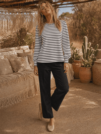 WOMEN'S LONG PUFF SLEEVE COLORBLOCK STRIPES BLOUSE