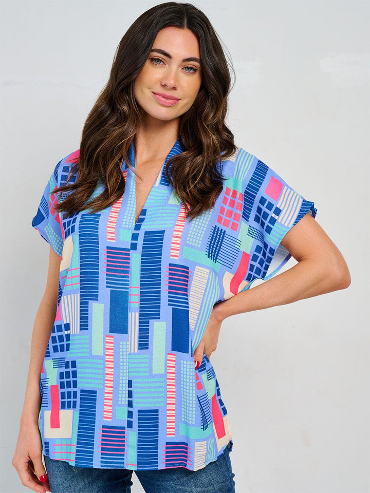 WOMEN'S SHORT SLEEVE V-NECK TUNIC MULTI PRINT BLOUSE