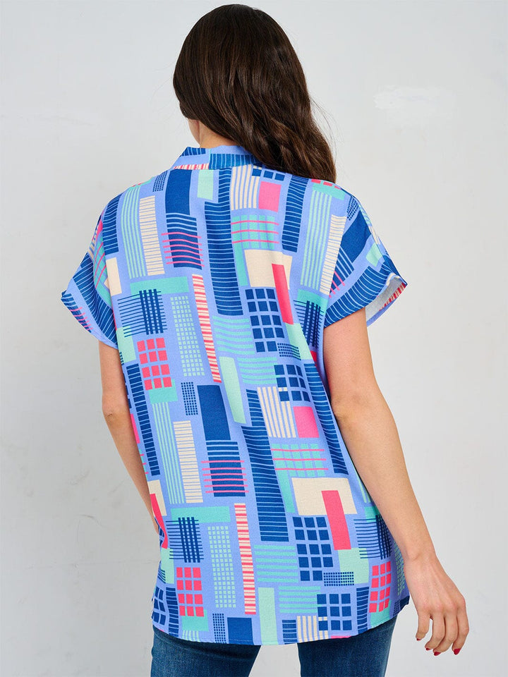 WOMEN'S SHORT SLEEVE V-NECK TUNIC MULTI PRINT BLOUSE