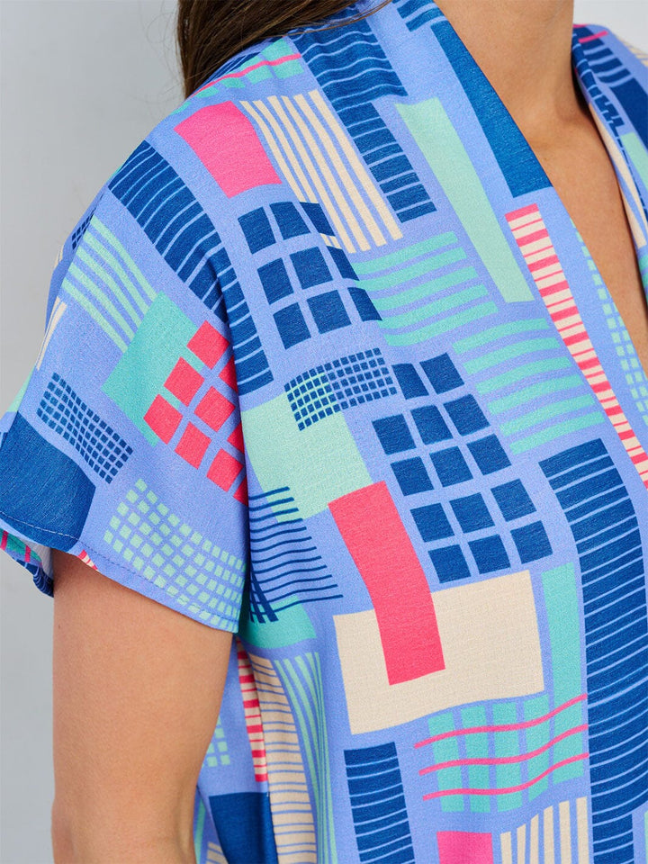 WOMEN'S SHORT SLEEVE V-NECK TUNIC MULTI PRINT BLOUSE