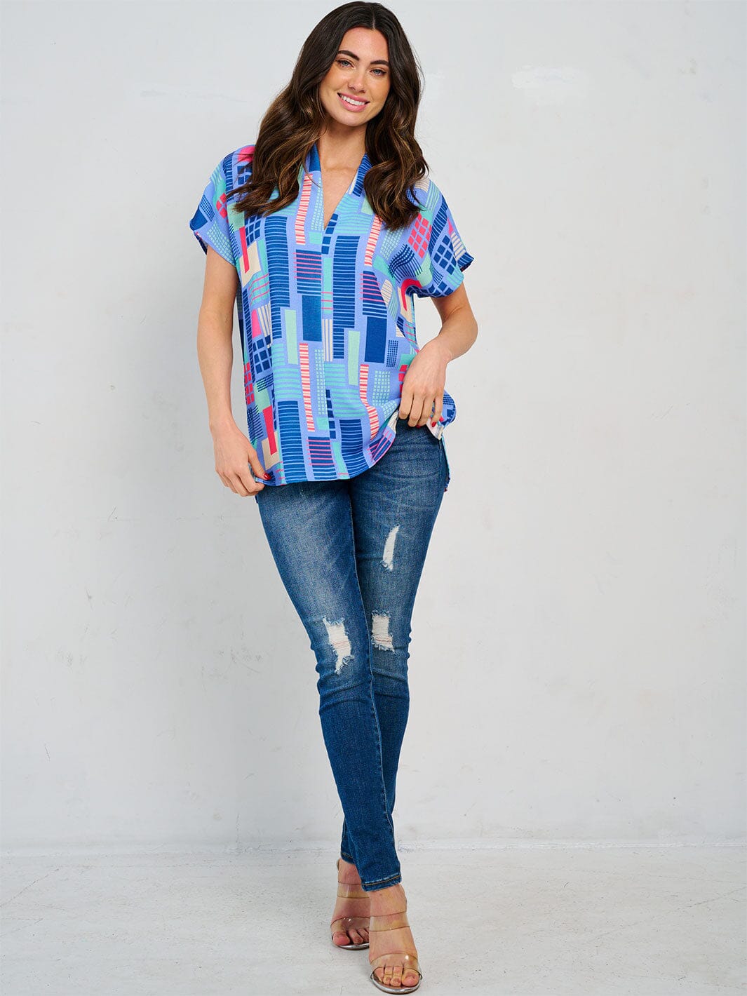 WOMEN'S SHORT SLEEVE V-NECK TUNIC MULTI PRINT BLOUSE