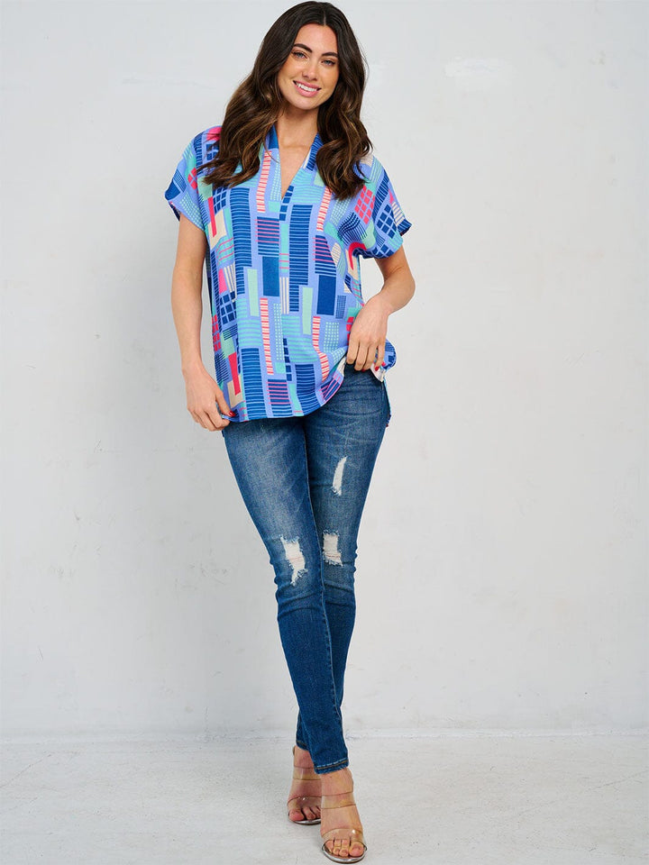 WOMEN'S SHORT SLEEVE V-NECK TUNIC MULTI PRINT BLOUSE