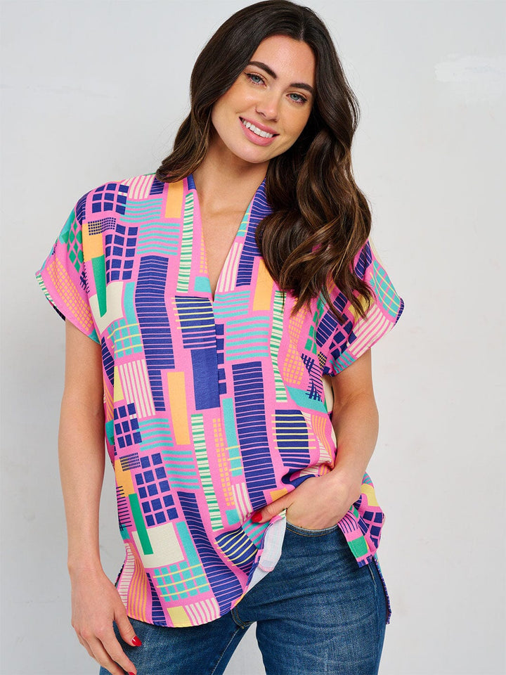 WOMEN'S SHORT SLEEVE V-NECK TUNIC MULTI PRINT BLOUSE
