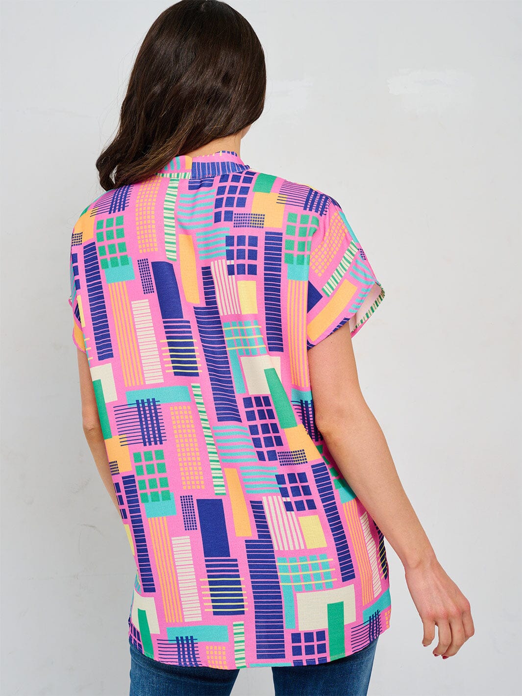 WOMEN'S SHORT SLEEVE V-NECK TUNIC MULTI PRINT BLOUSE