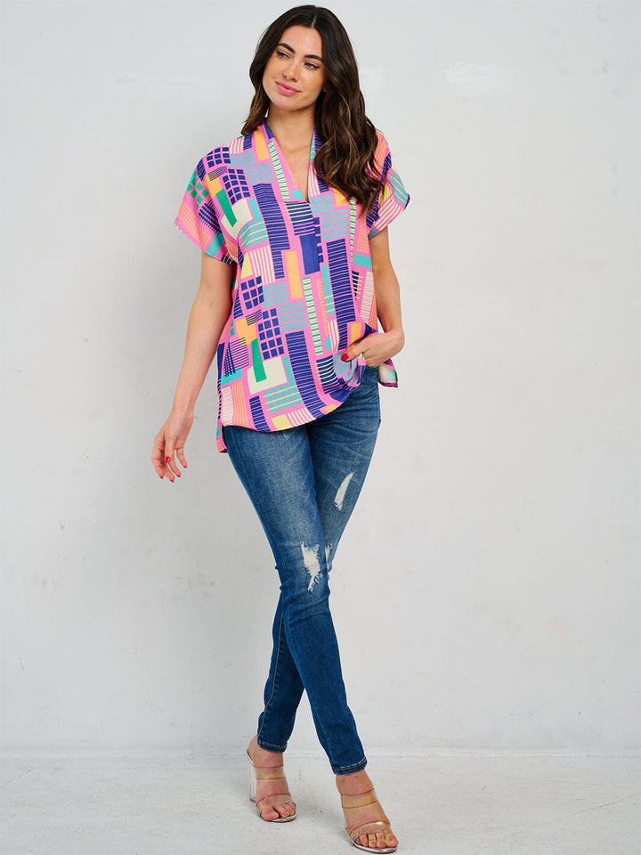 WOMEN'S SHORT SLEEVE V-NECK TUNIC MULTI PRINT BLOUSE