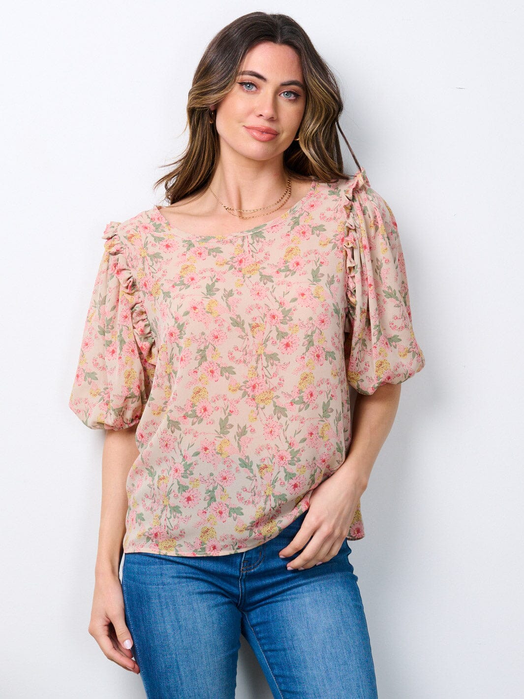 WOMEN'S SHORT PUFF SLEEVE FLORAL BLOUSE TOP