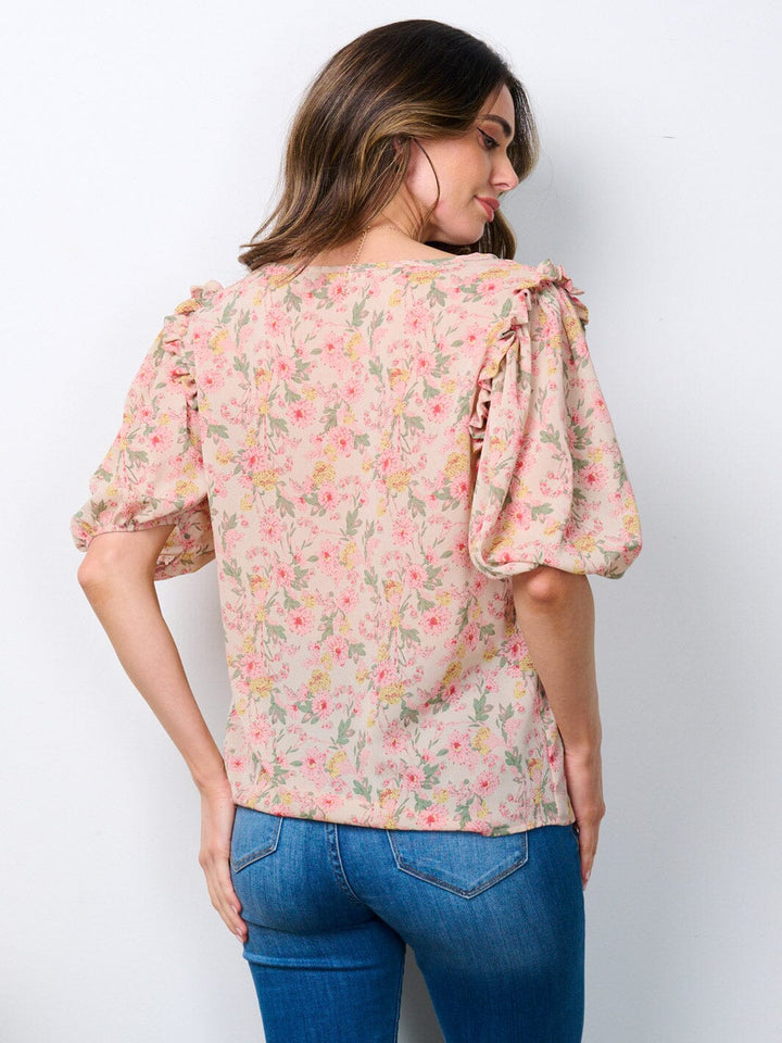 WOMEN'S SHORT PUFF SLEEVE FLORAL BLOUSE TOP