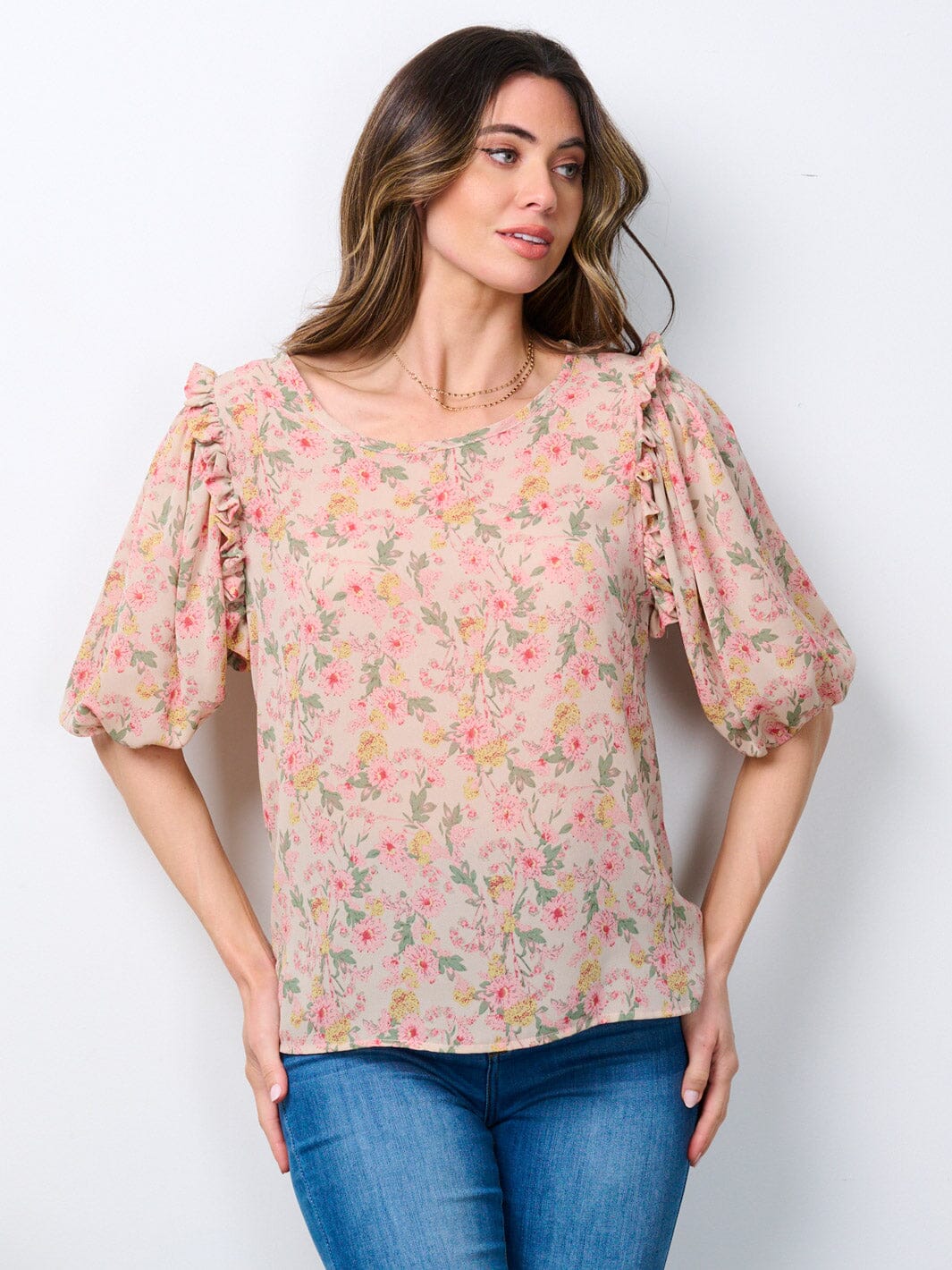 WOMEN'S SHORT PUFF SLEEVE FLORAL BLOUSE TOP