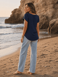 WOMEN'S SHORT SLIT SLEEVE HIGH-LOW SOLID BLOUSE