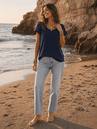 WOMEN'S SHORT SLIT SLEEVE HIGH-LOW SOLID BLOUSE