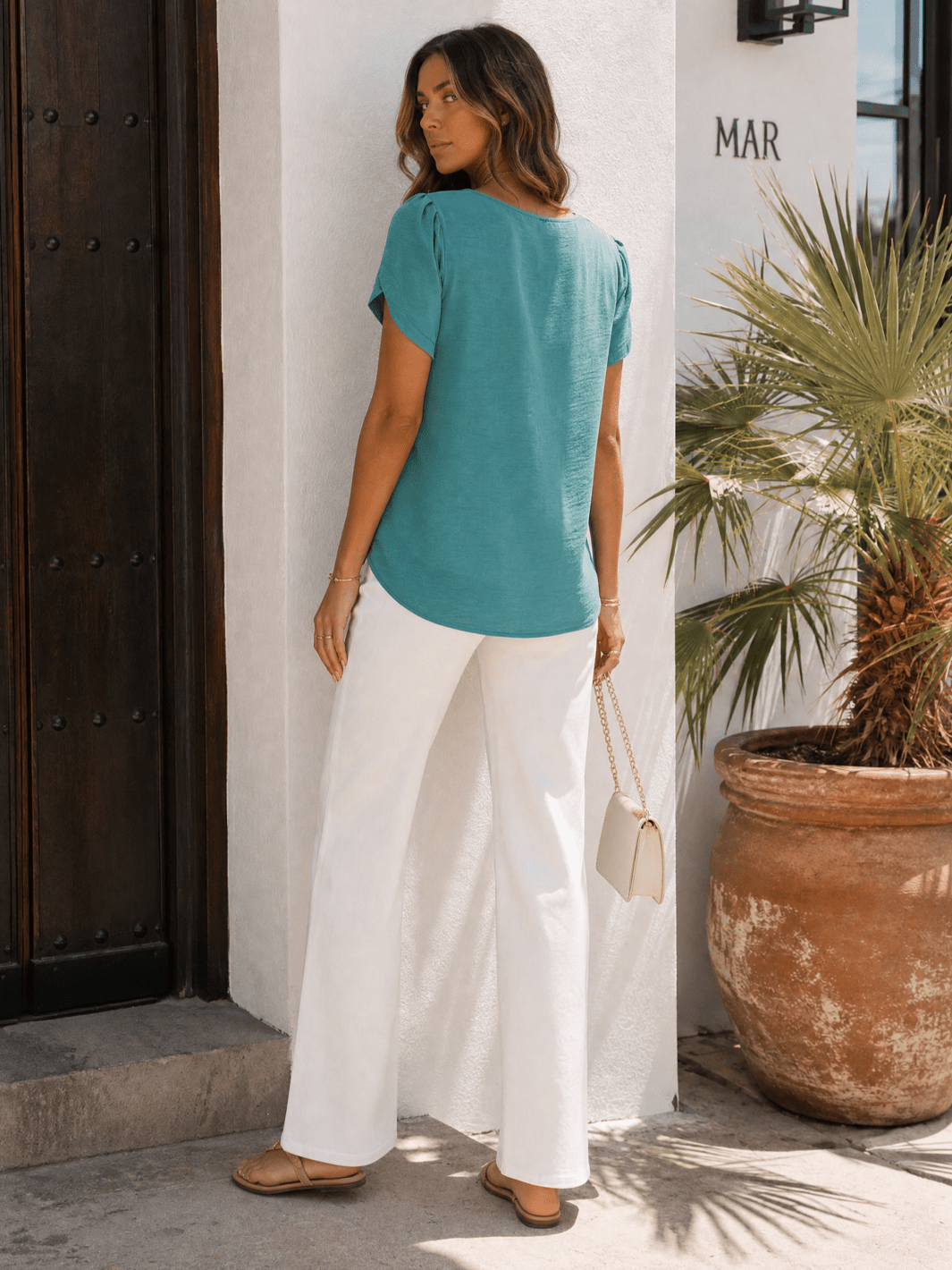 WOMEN'S SHORT SLIT SLEEVE HIGH-LOW SOLID BLOUSE