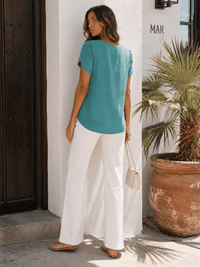 WOMEN'S SHORT SLIT SLEEVE HIGH-LOW SOLID BLOUSE