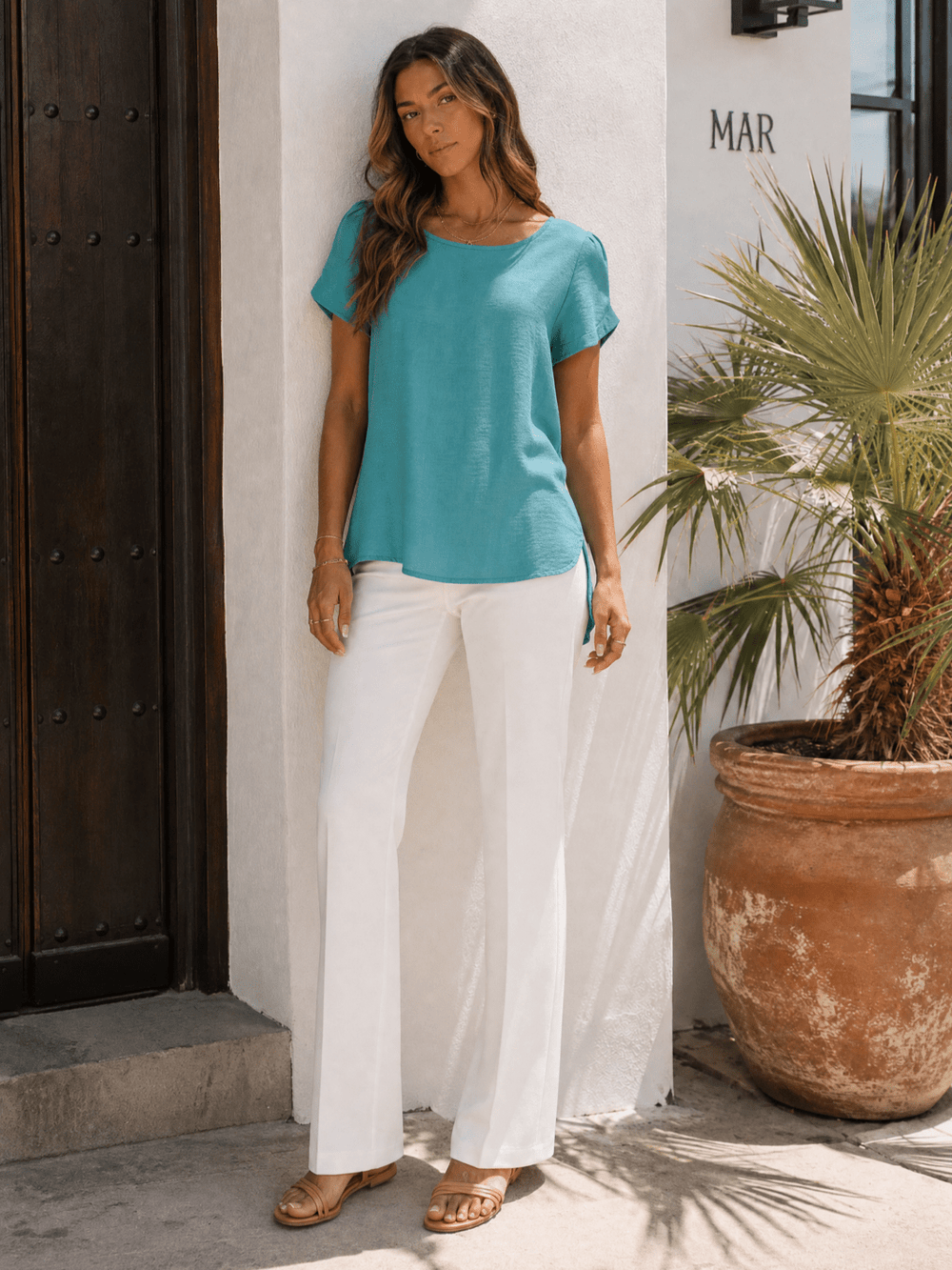 WOMEN'S SHORT SLIT SLEEVE HIGH-LOW SOLID BLOUSE