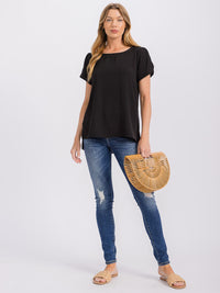 WOMEN'S SHORT SLIT SLEEVE HIGH-LOW SOLID BLOUSE