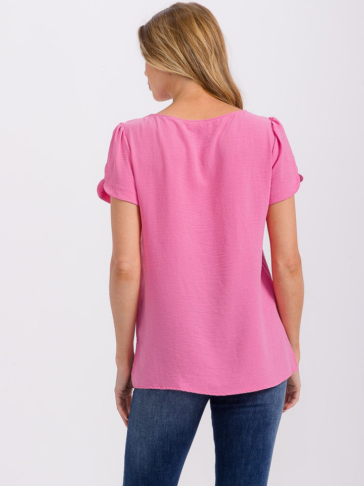 WOMEN'S SHORT DETAILED SLEEVE HIGH-LOW SOLID BLOUSE