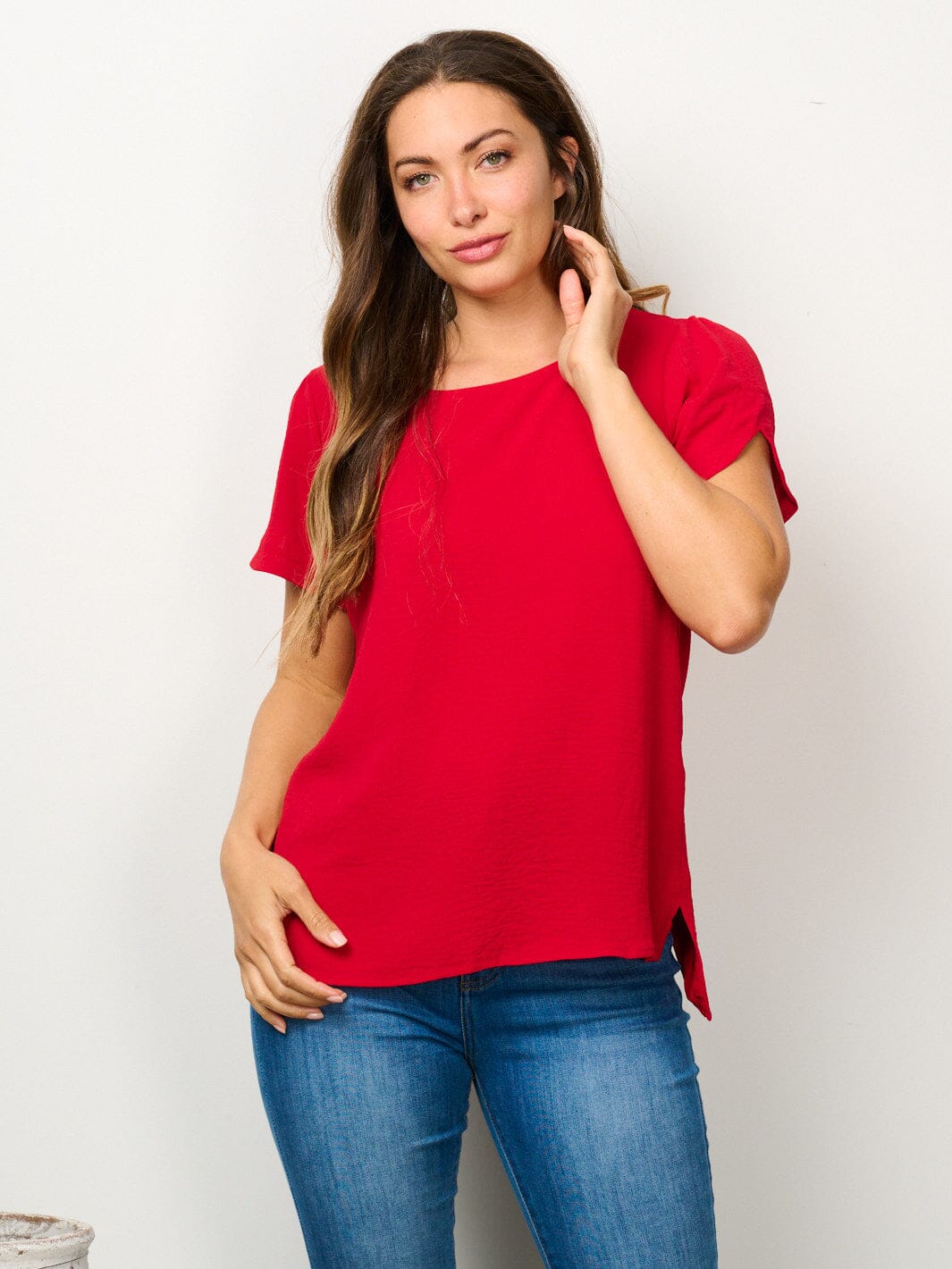 WOMEN'S SHORT SLIT SLEEVE HIGH-LOW SOLID BLOUSE