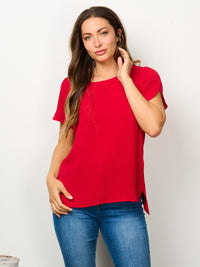 WOMEN'S SHORT SLIT SLEEVE HIGH-LOW SOLID BLOUSE