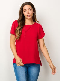 WOMEN'S SHORT SLIT SLEEVE HIGH-LOW SOLID BLOUSE