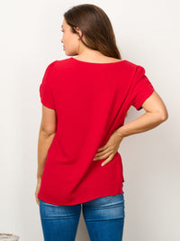 WOMEN'S SHORT SLIT SLEEVE HIGH-LOW SOLID BLOUSE