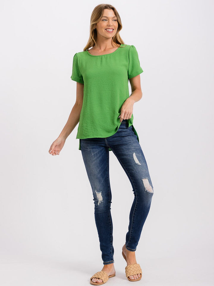 WOMEN'S SHORT SLIT SLEEVE HIGH-LOW SOLID BLOUSE
