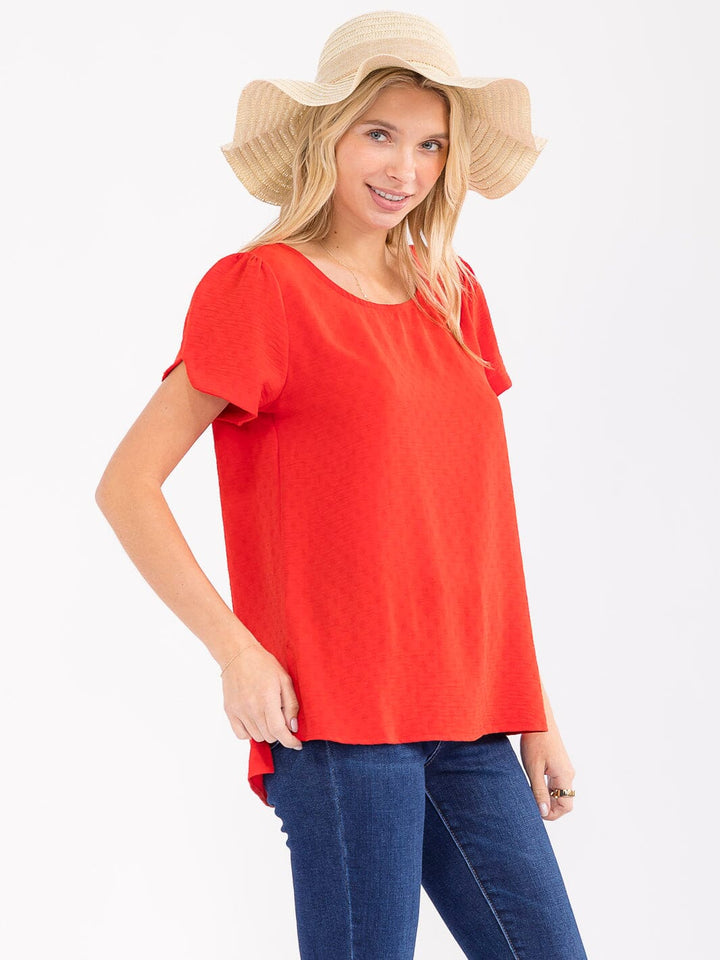 WOMEN'S SHORT SLEEVE HIGH-LOW DETAILED BLOUSE