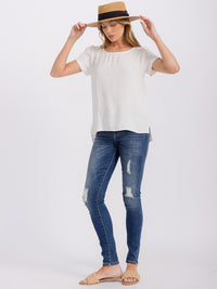 WOMEN'S SHORT SLIT SLEEVE HIGH-LOW SOLID BLOUSE