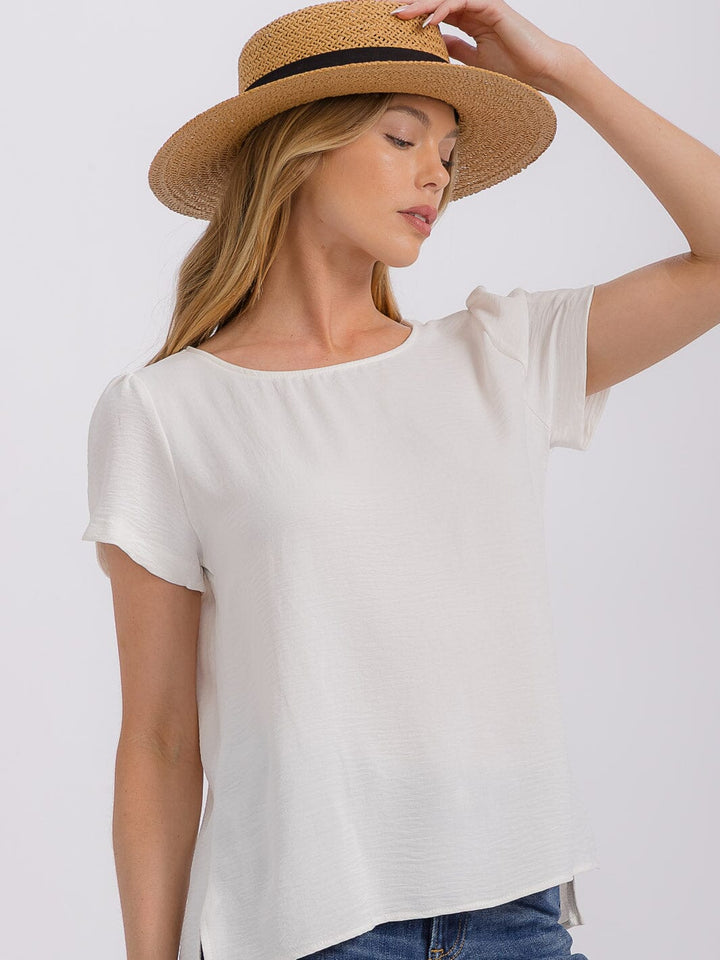 WOMEN'S SHORT SLIT SLEEVE HIGH-LOW SOLID BLOUSE