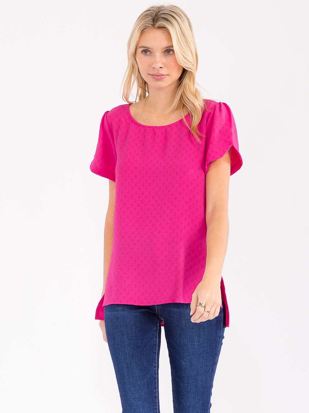WOMEN'S SHORT SLEEVE HIGH-LOW DETAILED BLOUSE