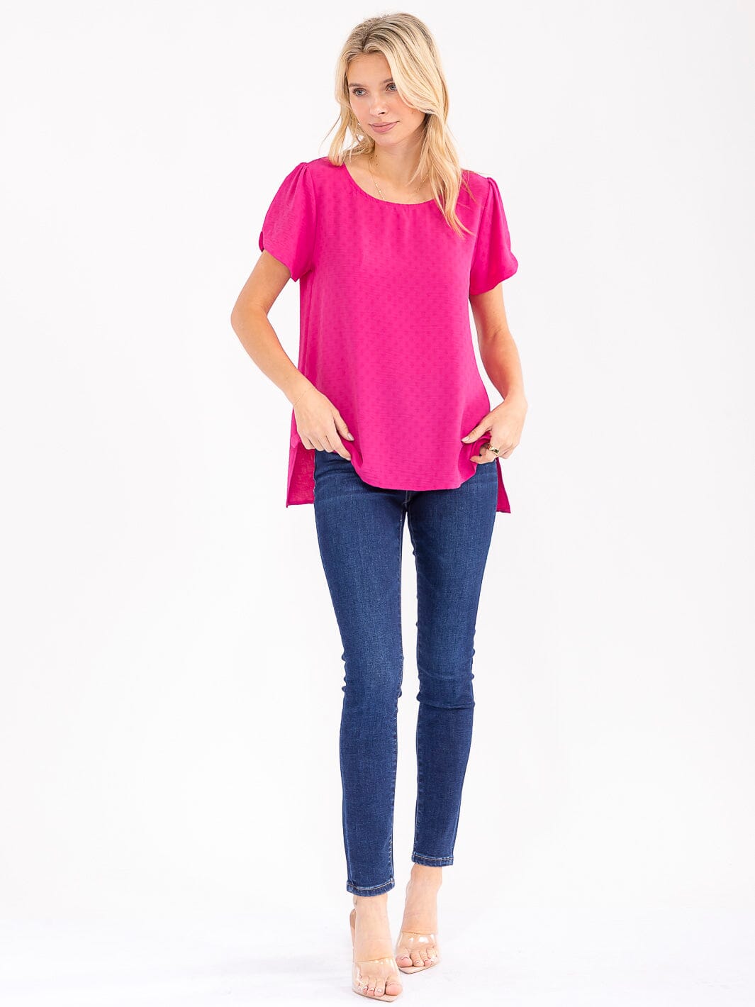 WOMEN'S SHORT SLEEVE HIGH-LOW DETAILED BLOUSE