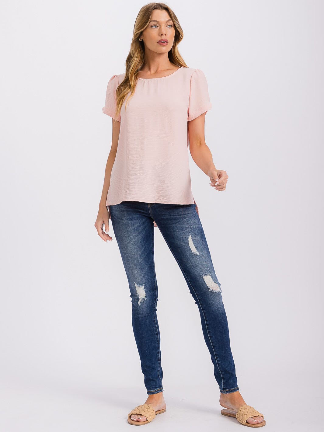 WOMEN'S SHORT DETAILED SLEEVE HIGH-LOW SOLID BLOUSE