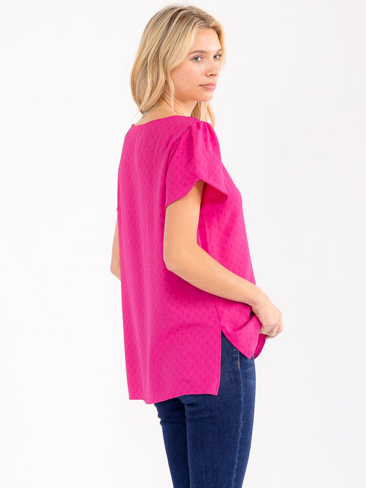 WOMEN'S SHORT SLEEVE HIGH-LOW DETAILED BLOUSE