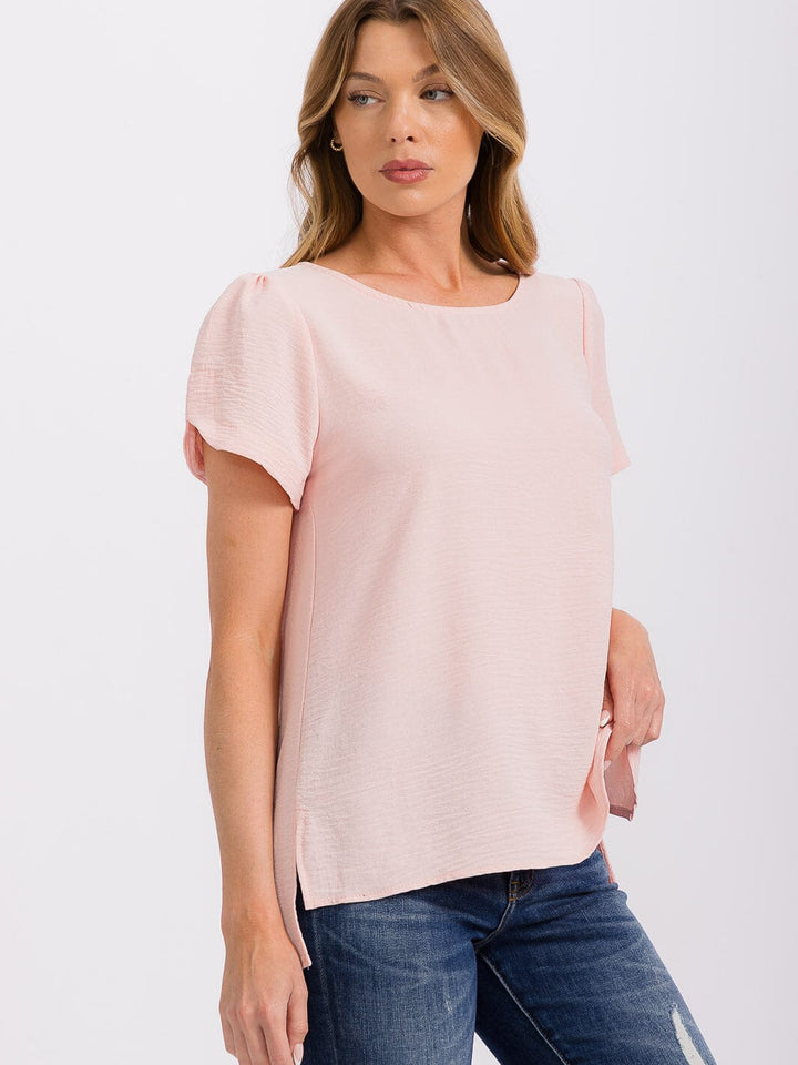 WOMEN'S SHORT DETAILED SLEEVE HIGH-LOW SOLID BLOUSE