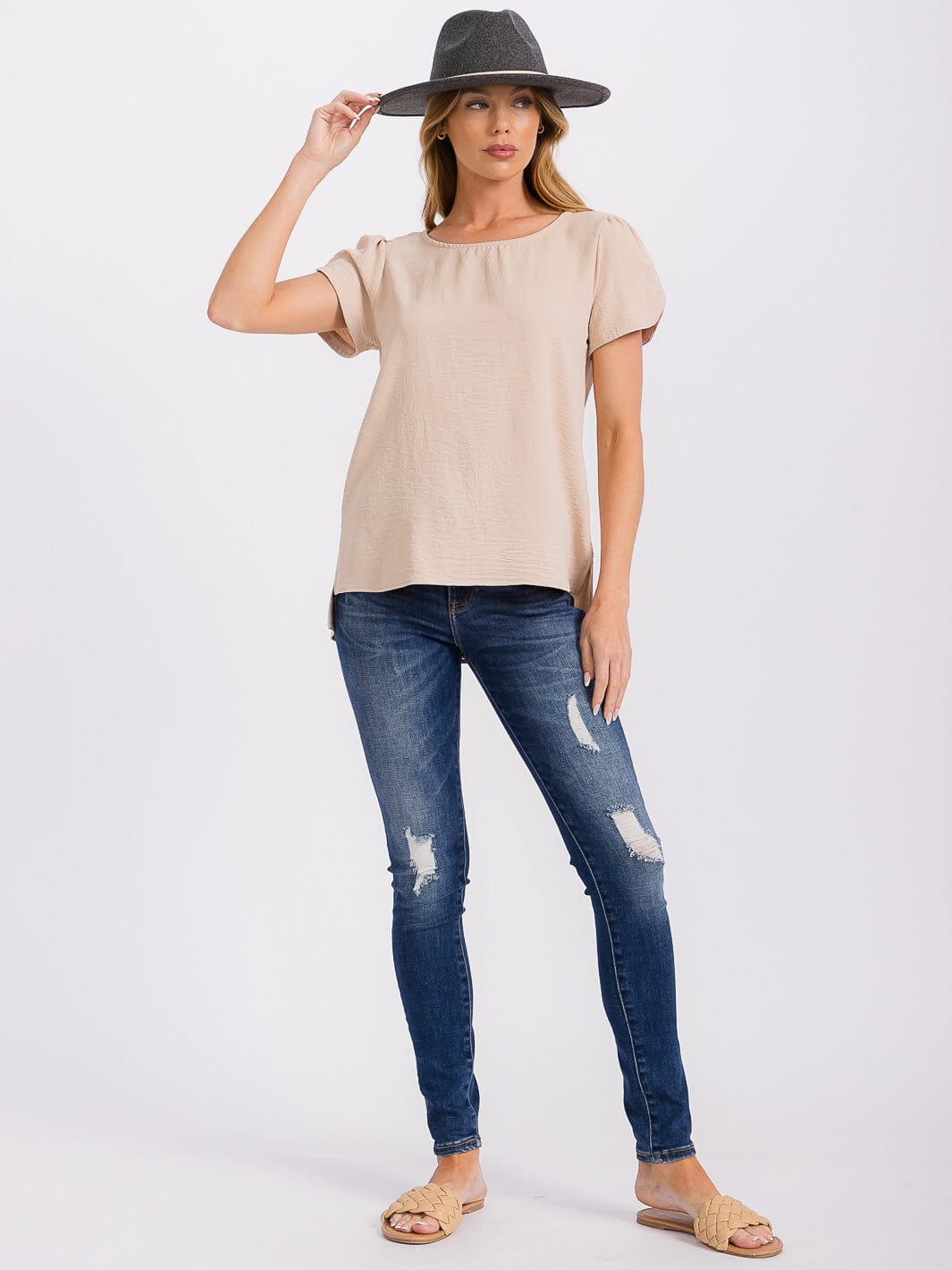 WOMEN'S SHORT DETAILED SLEEVE HIGH-LOW SOLID BLOUSE