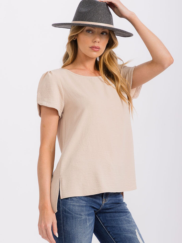 WOMEN'S SHORT DETAILED SLEEVE HIGH-LOW SOLID BLOUSE