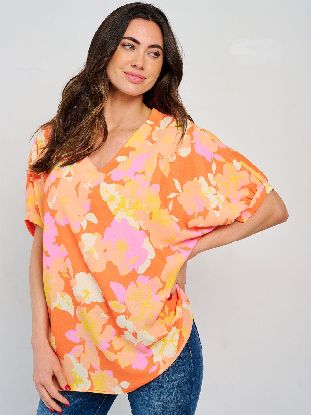 WOMEN'S SHORT SLEEVE V-NECK TUNIC FLORAL BLOUSE