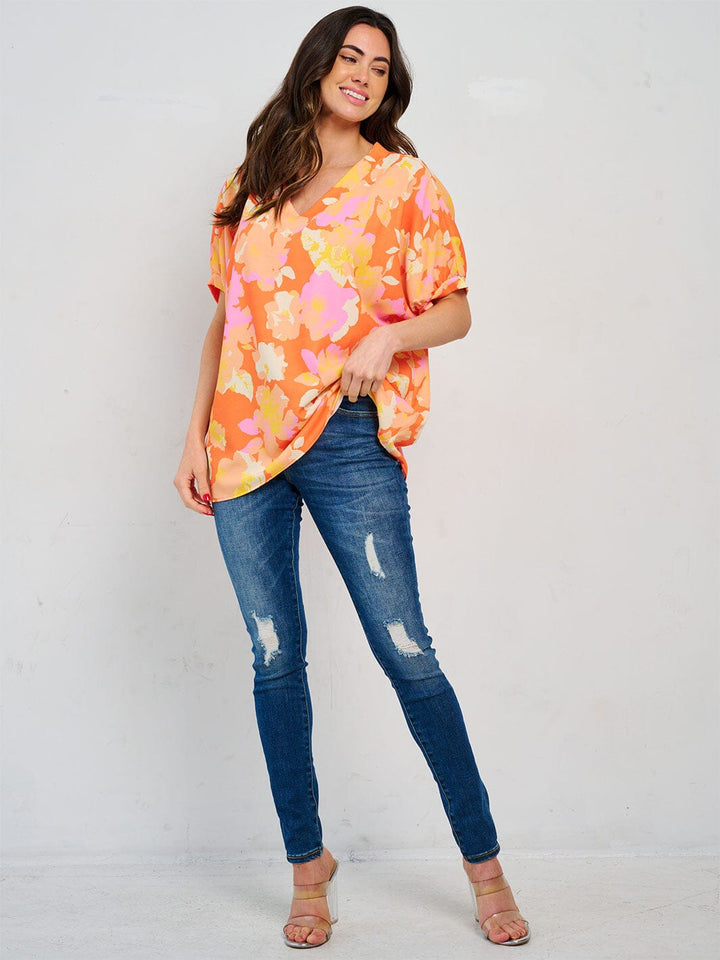 WOMEN'S SHORT SLEEVE V-NECK TUNIC FLORAL BLOUSE